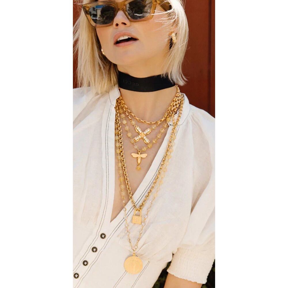 2 pc French Kande Citrine Angelique, Karoline Stack up necklace Cross bee gold